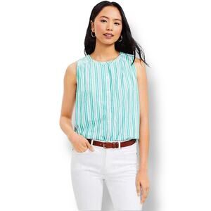 Loft Striped Sleeveless Shirt Button Down Teal and White Women's XL